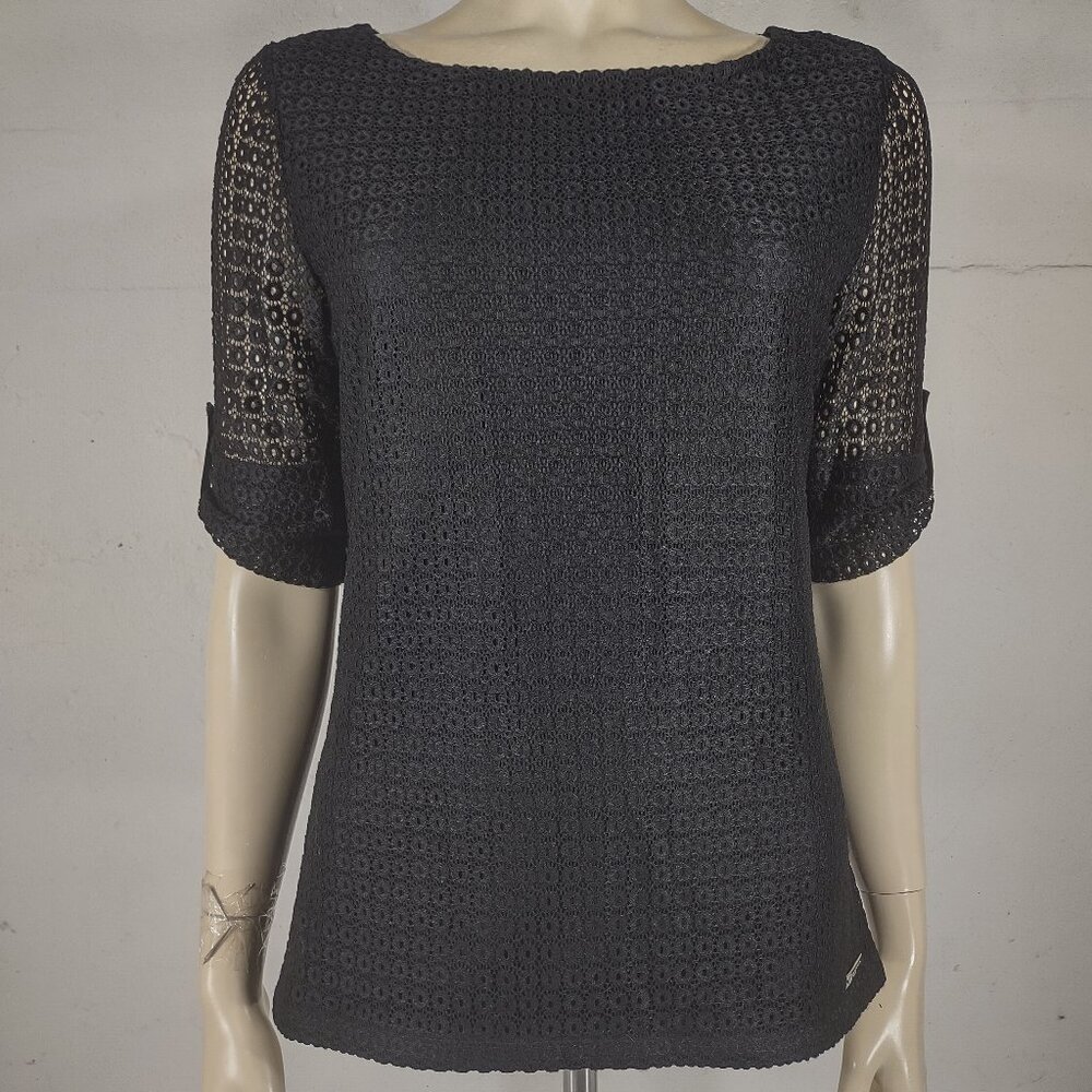 Karl Lagerfeld Paris black eyelet lace tabbed sleeve blouse top ladies Small